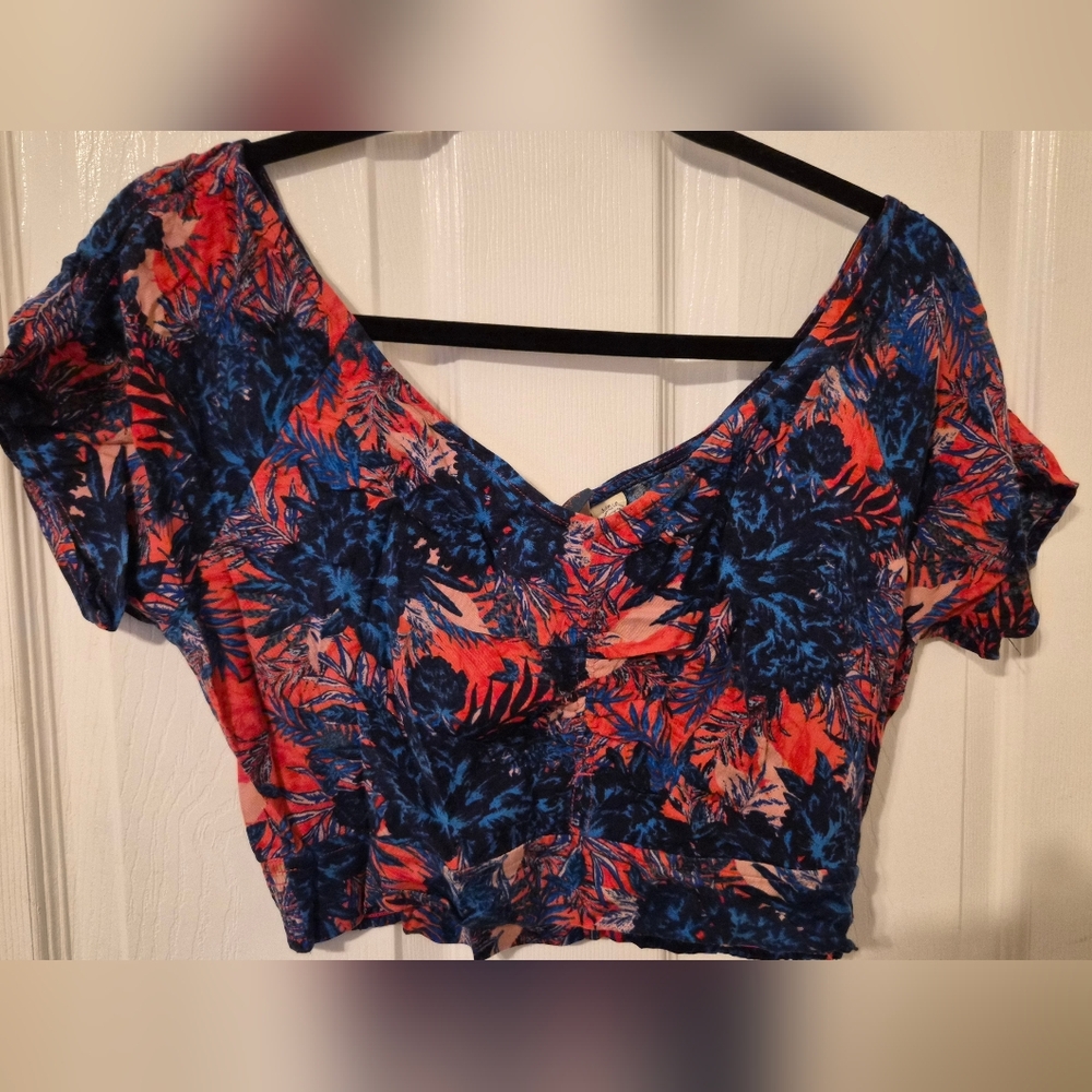 Floral V-Neck Crop Top - Blue and Red